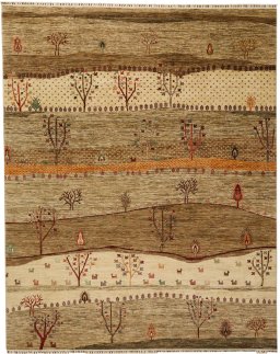 Full view of New Persian Gabbeh rug from Pakistan, 302 × 240 cm in Brown tones