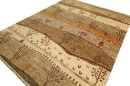 Backside of handmade New Persian Gabbeh rug showing knot structure and weave density
