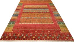 Backside of handmade New Persian Gabbeh rug showing knot structure and weave density