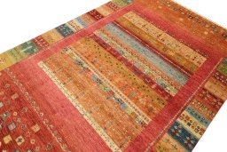 Full view of New Persian Gabbeh rug from Pakistan, 300 × 208 cm in Red tones