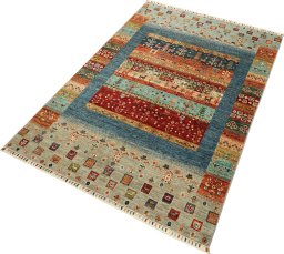 Corner detail of New Persian Gabbeh rug showing border pattern and Wool pile