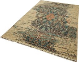 Corner detail of New Persian Gabbeh rug showing border pattern and Wool pile