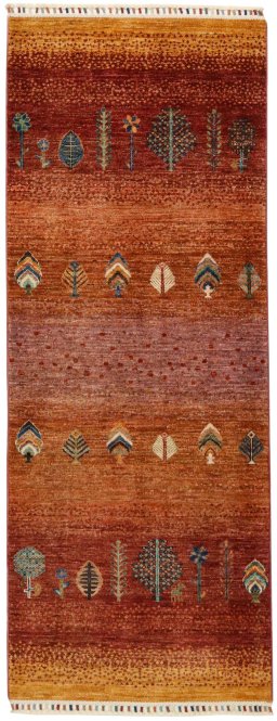 Full view of New Persian Gabbeh rug from Pakistan, 197 × 75 cm in Red tones