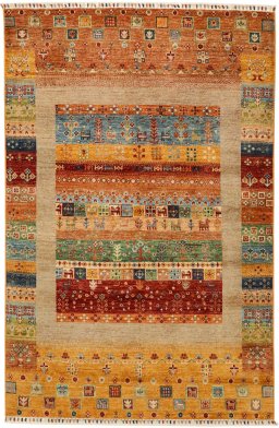 Full view of New Persian Gabbeh rug from Pakistan, 193 × 126 cm in Multi Color tones