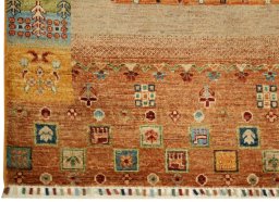 Full view of New Persian Gabbeh rug from Pakistan, 193 × 126 cm in Multi Color tones