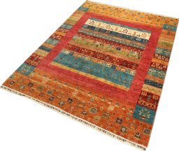 Corner detail of New Persian Gabbeh rug showing border pattern and Wool pile