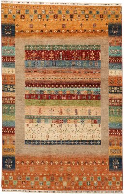 Full view of New Persian Gabbeh rug from Pakistan, 255 × 167 cm in Multi Color tones