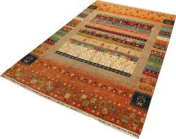 Corner detail of New Persian Gabbeh rug showing border pattern and Wool pile