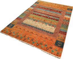 Corner detail of New Persian Gabbeh rug showing border pattern and Wool pile
