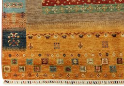 Corner detail of New Persian Gabbeh rug showing border pattern and Wool pile