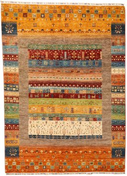 Full view of New Persian Gabbeh rug from Pakistan, 239 × 172 cm in Multi Color tones