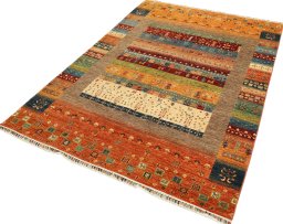 Corner detail of New Persian Gabbeh rug showing border pattern and Wool pile