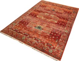Corner detail of New Persian Gabbeh rug showing border pattern and Wool pile