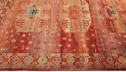Full view of New Persian Gabbeh rug from Pakistan, 240 × 172 cm in Red tones