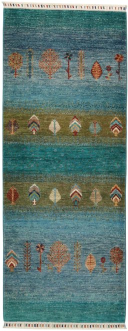 Full view of New Persian Gabbeh rug from Pakistan, 200 × 79 cm in Blue tones