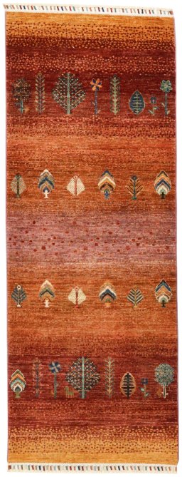 Full view of New Persian Gabbeh rug from Pakistan, 196 × 74 cm in Red tones