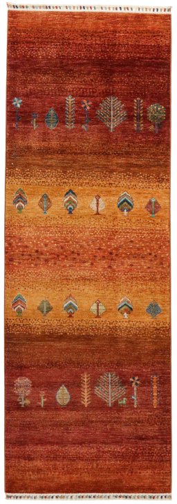Full view of New Persian Gabbeh rug from Pakistan, 237 × 82 cm in Red tones