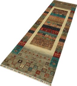 Corner detail of New Persian Gabbeh rug showing border pattern and Wool pile