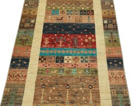 Backside of handmade New Persian Gabbeh rug showing knot structure and weave density