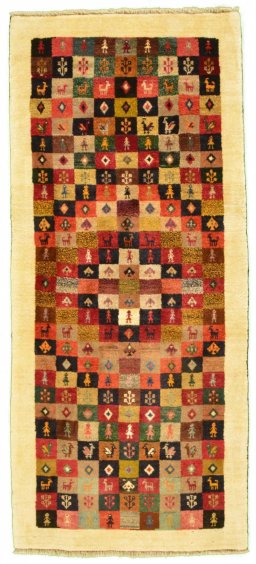 Full view of 2000s Persian Gabbeh rug from Iran / Persia, 199 × 87 cm in Multi Color tones