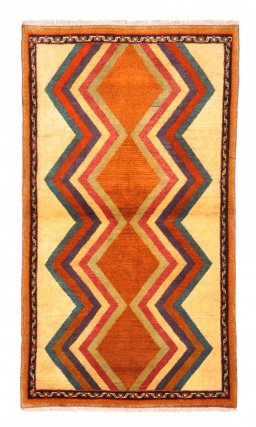 Full view of 2000s Persian Gabbeh rug from Iran / Persia, 164 × 92 cm in Multi Color tones