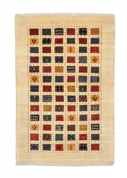 Full view of 2000s Persian Gabbeh rug from Iran / Persia, 123 × 83 cm in Beige tones