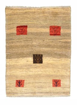 Full view of 2000s Persian Gabbeh rug from Iran / Persia, 147 × 111 cm in Beige tones