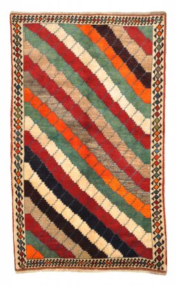Full view of 2000s Persian Gabbeh rug from Iran / Persia, 197 × 119 cm in Multi Color tones