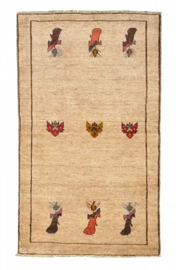 Full view of 2000s Persian Gabbeh rug from Iran / Persia, 174 × 101 cm in Beige tones