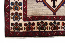 Full view of 2000s Persian Gabbeh rug from Iran / Persia, 256 × 142 cm in Beige tones