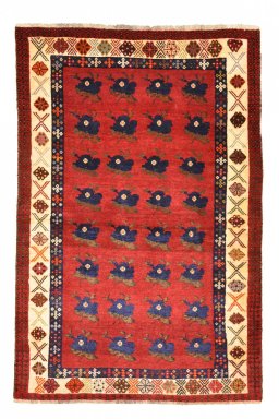 Full view of 2000s Persian Gabbeh rug from Iran / Persia, 175 × 115 cm in Red tones