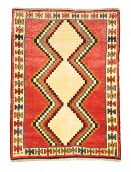 Full view of 2000s Persian Gabbeh rug from Iran / Persia, 148 × 108 cm in Red tones