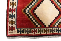 Full view of 2000s Persian Gabbeh rug from Iran / Persia, 148 × 108 cm in Red tones