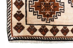 Full view of 2000s Persian Gabbeh rug from Iran / Persia, 198 × 118 cm in Beige tones