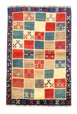 Full view of 2000s Persian Gabbeh rug from Iran / Persia, 145 × 96 cm in Multi Color tones