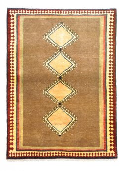 Full view of 1970s Persian Gabbeh rug from Iran / Persia, 164 × 120 cm in Brown tones