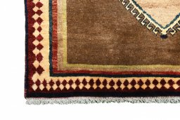 Full view of 1970s Persian Gabbeh rug from Iran / Persia, 164 × 120 cm in Brown tones