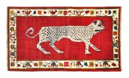 Full view of 2000s Persian Gabbeh rug from Iran / Persia, 227 × 131 cm in Red tones