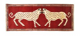 Full view of 2000s Persian Gabbeh rug from Iran / Persia, 217 × 85 cm in Red tones