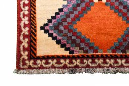 Full view of 2000s Persian Gabbeh rug from Iran / Persia, 200 × 95 cm in Beige tones
