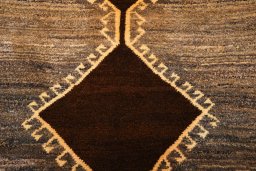 Backside of handmade 2000s Persian Gabbeh rug showing knot structure and weave density