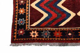 Full view of 2000s Persian Gabbeh rug from Iran / Persia, 228 × 130 cm in Red tones