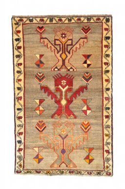 Full view of 2000s Persian Gabbeh rug from Iran / Persia, 150 × 95 cm in Gray tones