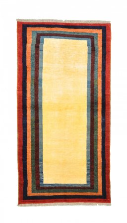 Full view of 2000s Persian Gabbeh rug from Iran / Persia, 196 × 102 cm in Beige tones