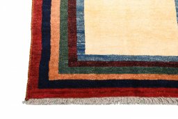 Full view of 2000s Persian Gabbeh rug from Iran / Persia, 196 × 102 cm in Beige tones
