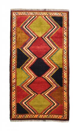 Full view of 2000s Persian Gabbeh rug from Iran / Persia, 200 × 108 cm in Multi Color tones