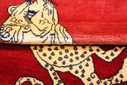 Close-up detail of 2000s Persian Gabbeh rug from Iran / Persia showing Wool weave