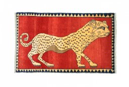 Full view of 2000s Persian Gabbeh rug from Iran / Persia, 152 × 93 cm in Red tones