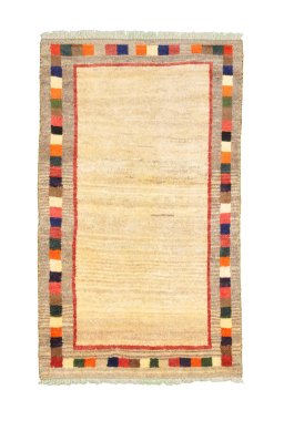 Full view of 2000s Persian Gabbeh rug from Iran / Persia, 145 × 85 cm in Beige tones