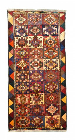 Full view of 2000s Persian Gabbeh rug from Iran / Persia, 210 × 100 cm in Multi Color tones